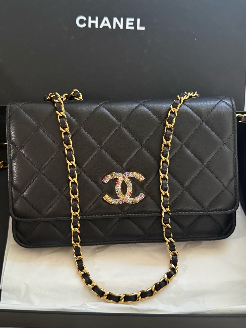 Chanel Black Quilted Lambskin Multicolor Crystal CC WOC Crossbody